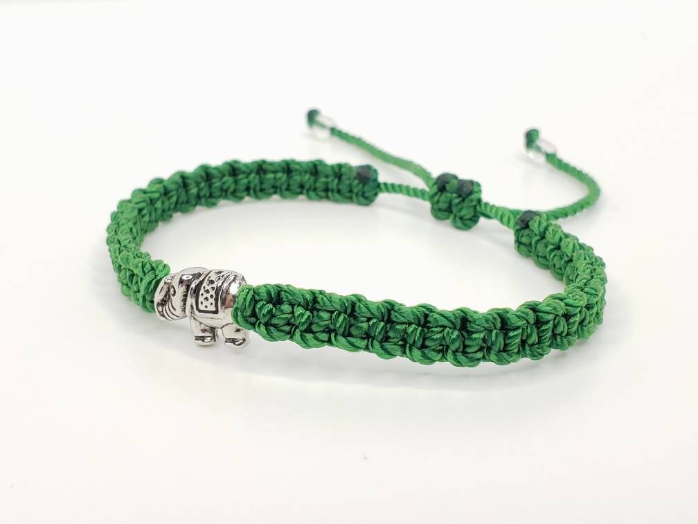 Elephant bracelet, emerald green string bracelet with an elephant charm for good luck, adjustable, green string bracelet for man and woman