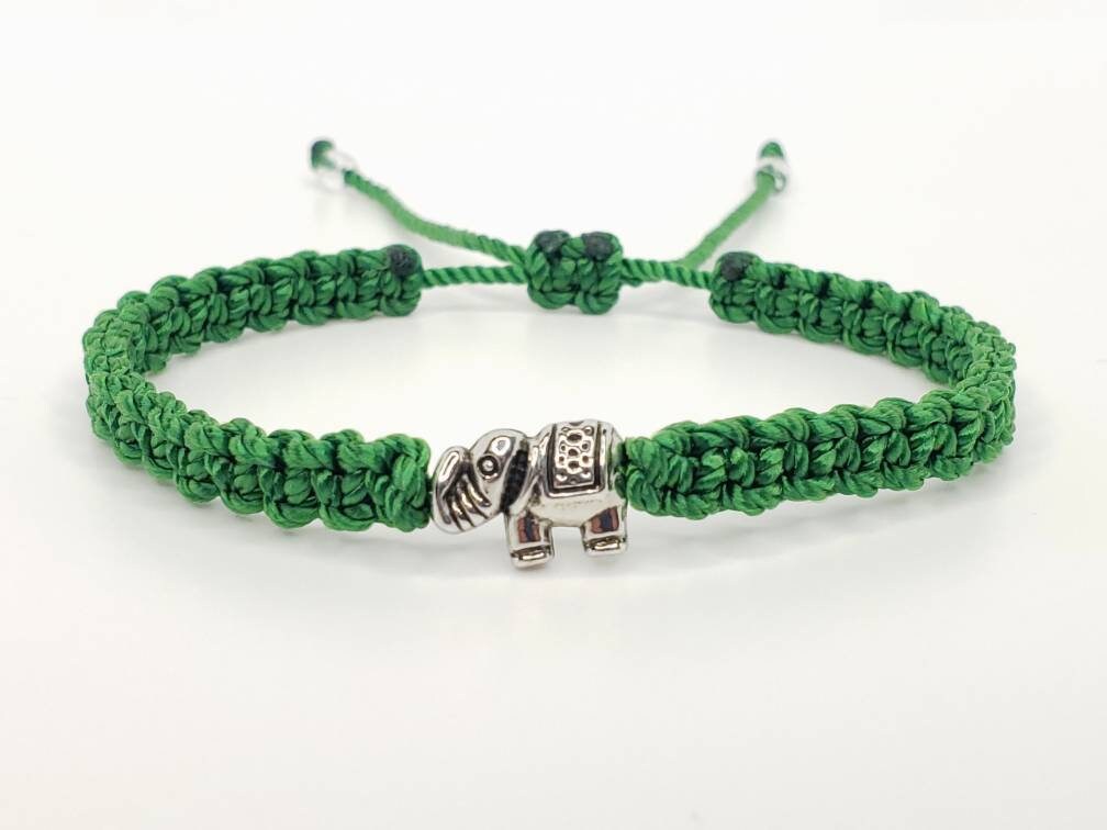 Elephant bracelet, emerald green string bracelet with an elephant charm for good luck, adjustable, green string bracelet for man and woman