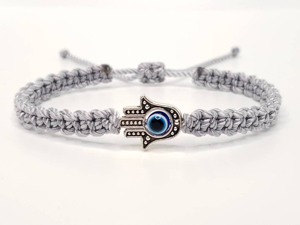 Hamsa hand silver string bracelet, for happiness, luck, health, and good fortune, new. good luck and evil eye charm for man and woman