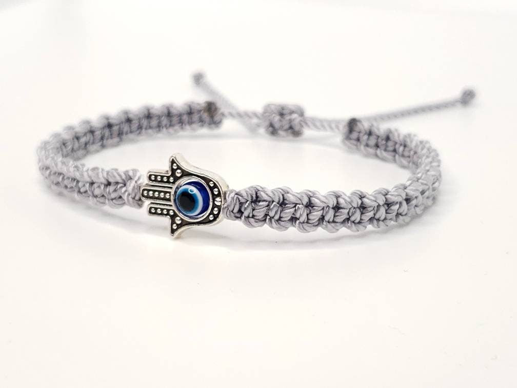 Hamsa hand silver string bracelet, for happiness, luck, health, and good fortune, new. good luck and evil eye charm for man and woman