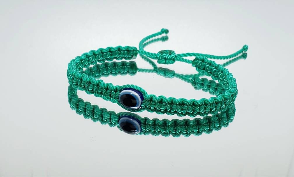 Evil eye amulet, aqua green good luck bracelet, good luck braided wristband, evil eye protection, good luck charm adjustable for man & woman