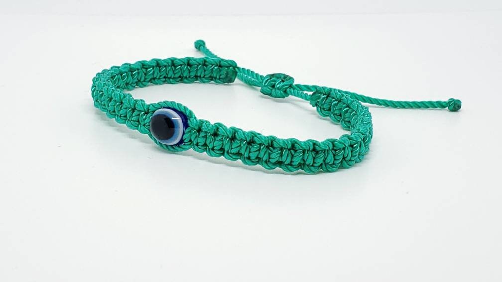 Evil eye amulet, aqua green good luck bracelet, good luck braided wristband, evil eye protection, good luck charm adjustable for man & woman