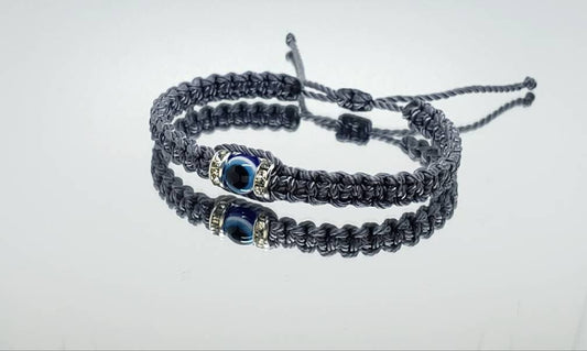 evil eye bracelet, evil eye protection amulet, grey braided bracelet, brand new, adjustable for man or woman