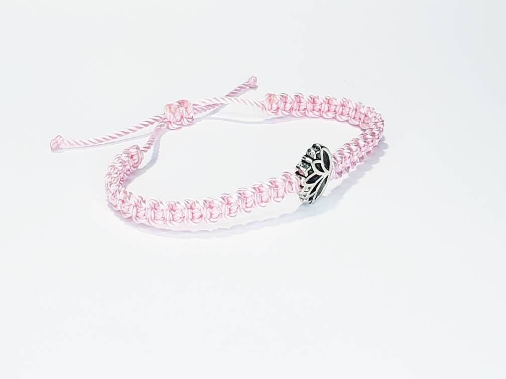 Lotus flower bracelet, pink string braided bracelet silver color lotus flower charm, new, pink lotus wristband, adjustable for man & woman