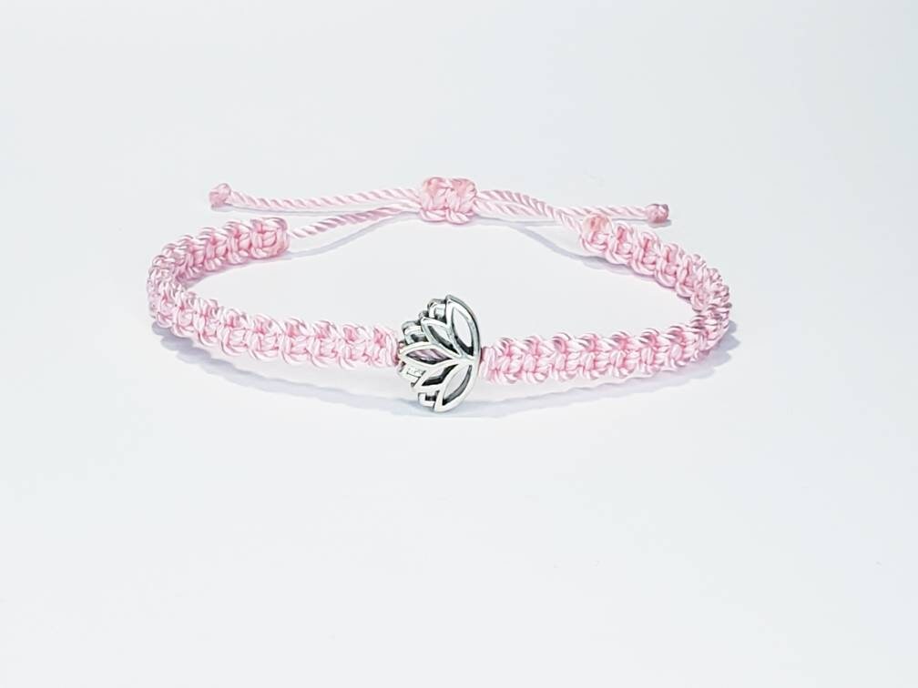 Lotus flower bracelet, pink string braided bracelet silver color lotus flower charm, new, pink lotus wristband, adjustable for man & woman