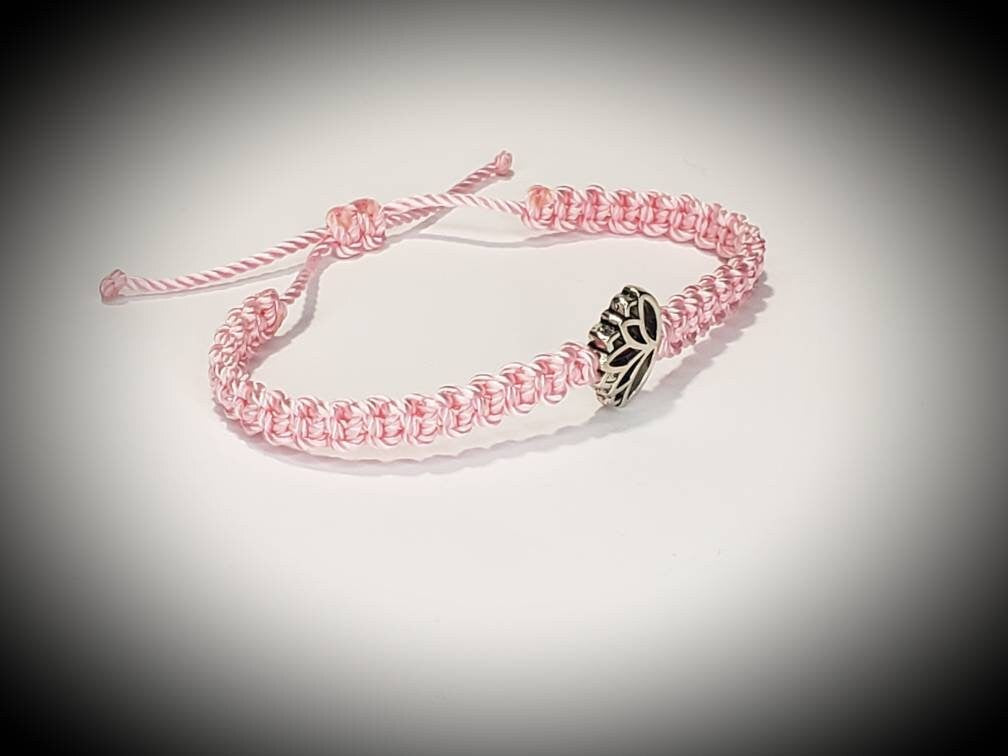 Lotus flower bracelet, pink string braided bracelet silver color lotus flower charm, new, pink lotus wristband, adjustable for man & woman