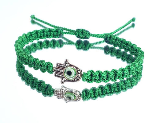 Hamsa Hand money bracelet with an evil eye for protection & good luck braided green string money wristband with a silver color hamsa hand