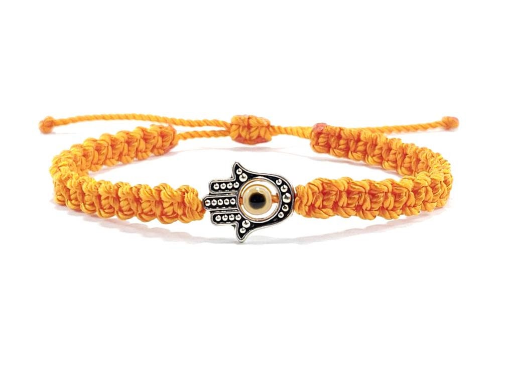 Hamsa Hand orange bracelet with an evil eye for protection and good luck, braided orange string wristband with a silver color hamsa hand