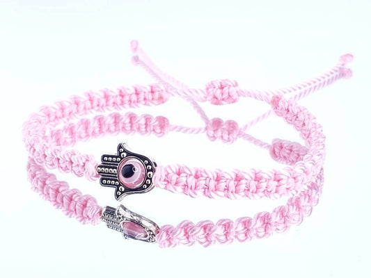 Hamsa Hand baby pink bracelet with an evil eye for protection & good luck braided pink string wristband with a silver color hamsa hand