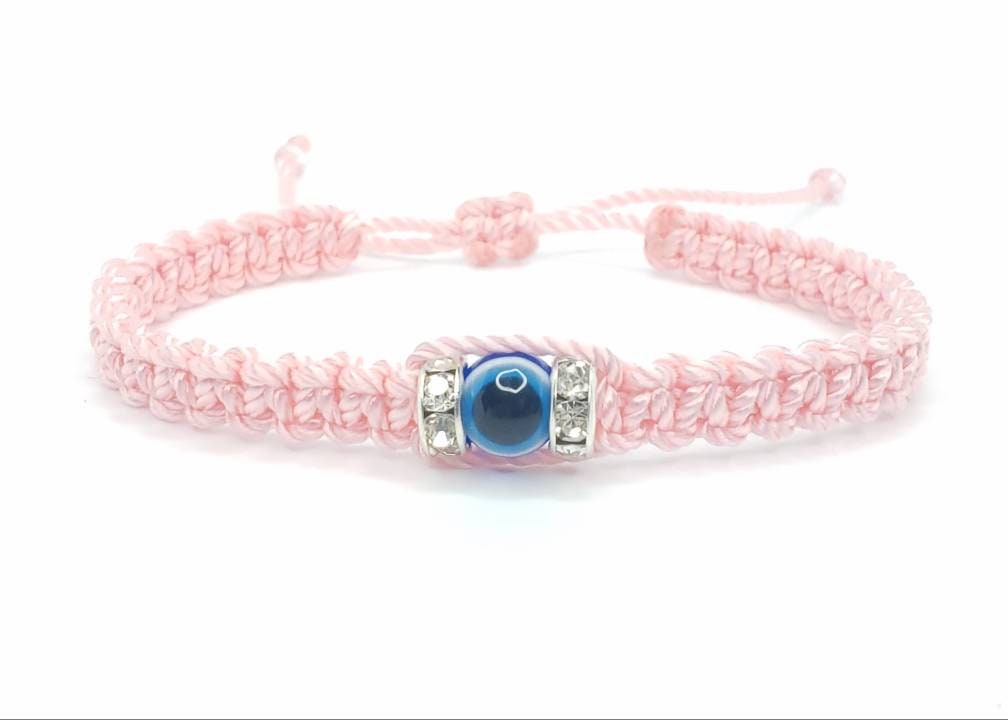 evil eye bracelet, evil eye protection, evil eye amulet, pink string braided bracelet, brand new, adjustable, beautiful baby pink string