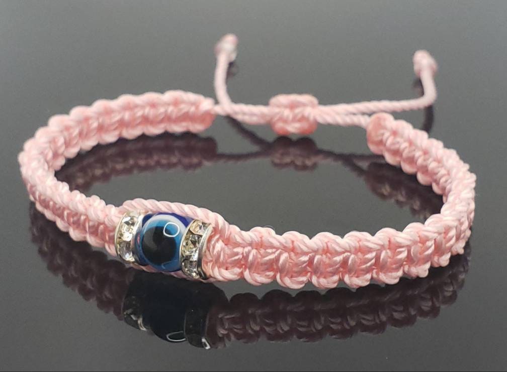 evil eye bracelet, evil eye protection, evil eye amulet, pink string braided bracelet, brand new, adjustable, beautiful baby pink string