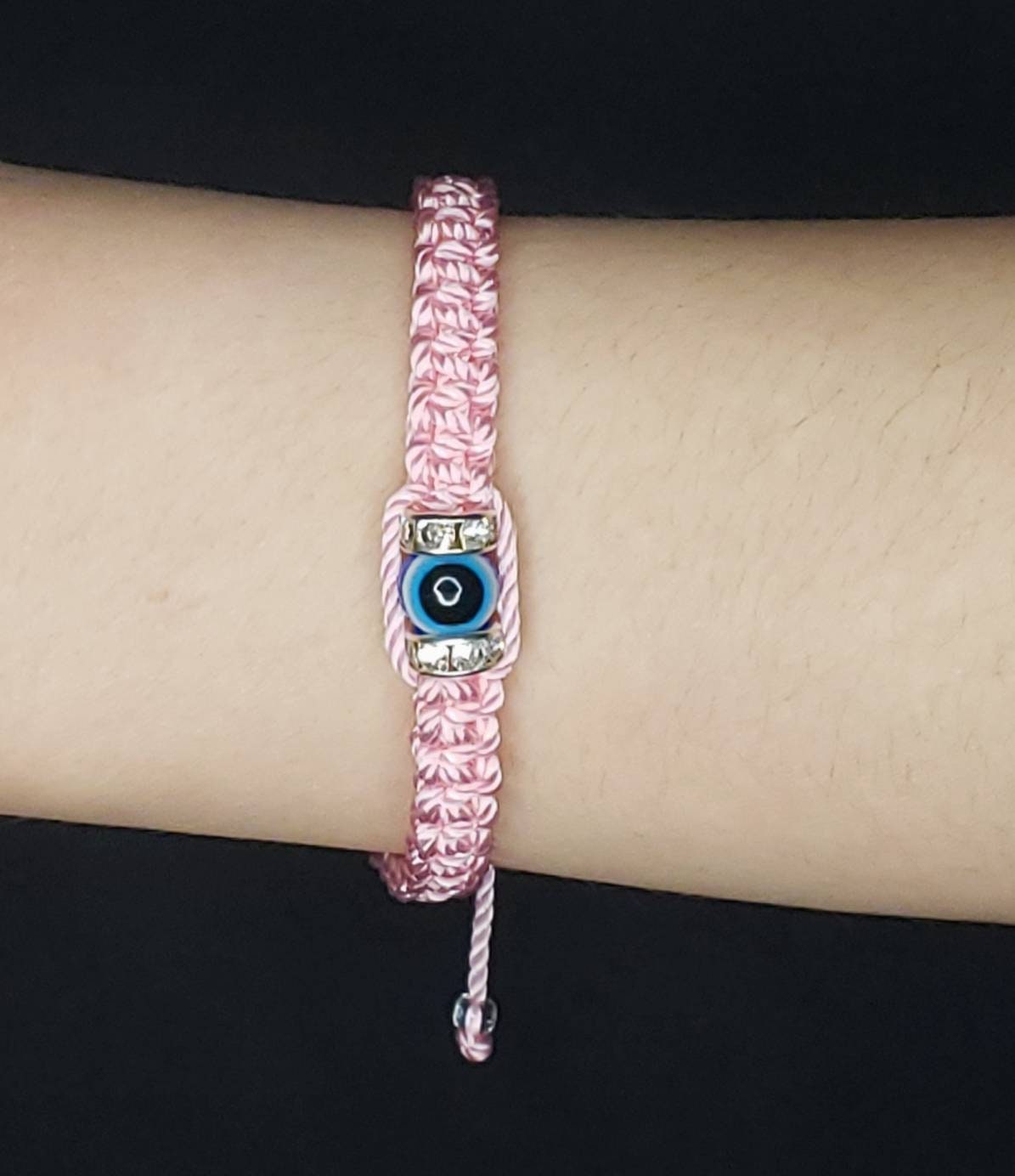 evil eye bracelet, evil eye protection, evil eye amulet, pink string braided bracelet, brand new, adjustable, beautiful baby pink string