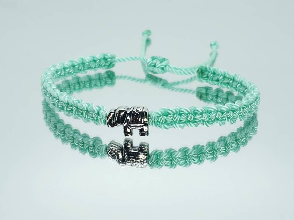 Elephant bracelet, mint string bracelet with an elephant charm for good luck, adjustable, mint color bracelet for man and woman