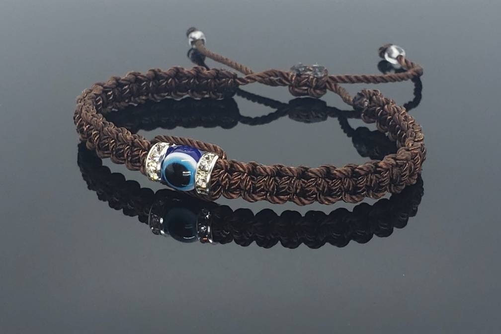 Evil eye bracelet, good luck wristband, brown string braided wristband, evil eye protection, good luck charm, adjustable for man & woman