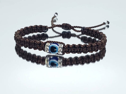 Evil eye bracelet, good luck wristband, brown string braided wristband, evil eye protection, good luck charm, adjustable for man & woman