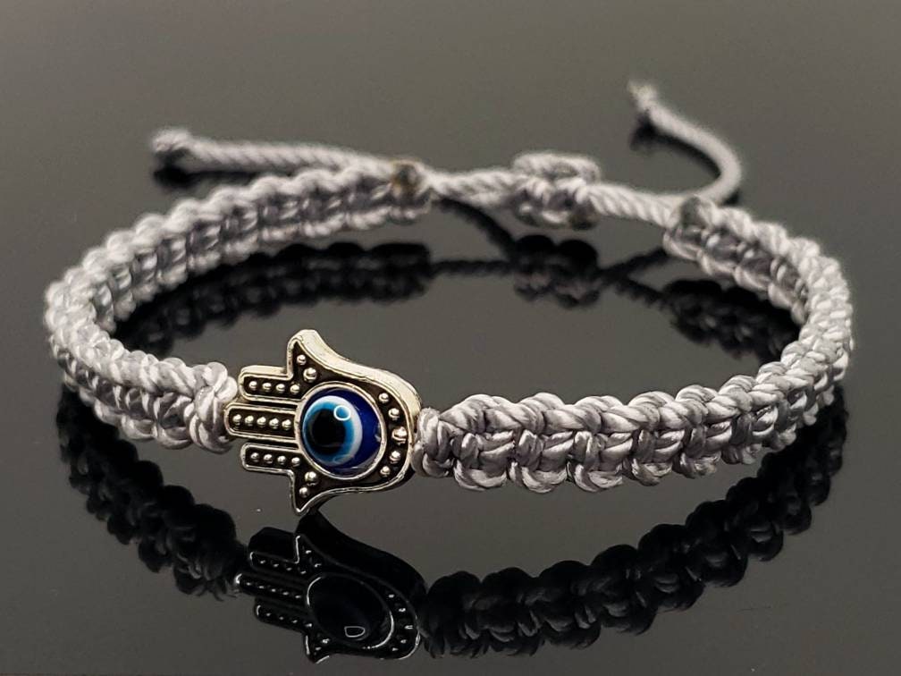 Hamsa hand silver string bracelet, for happiness, luck, health, and good fortune, new. good luck and evil eye charm for man and woman