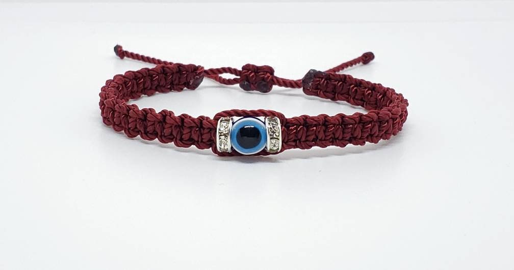 Evil eye amulet, burgundy good luck bracelet, good luck burgundy string wristband, evil eye protection, good luck charm, adjustable