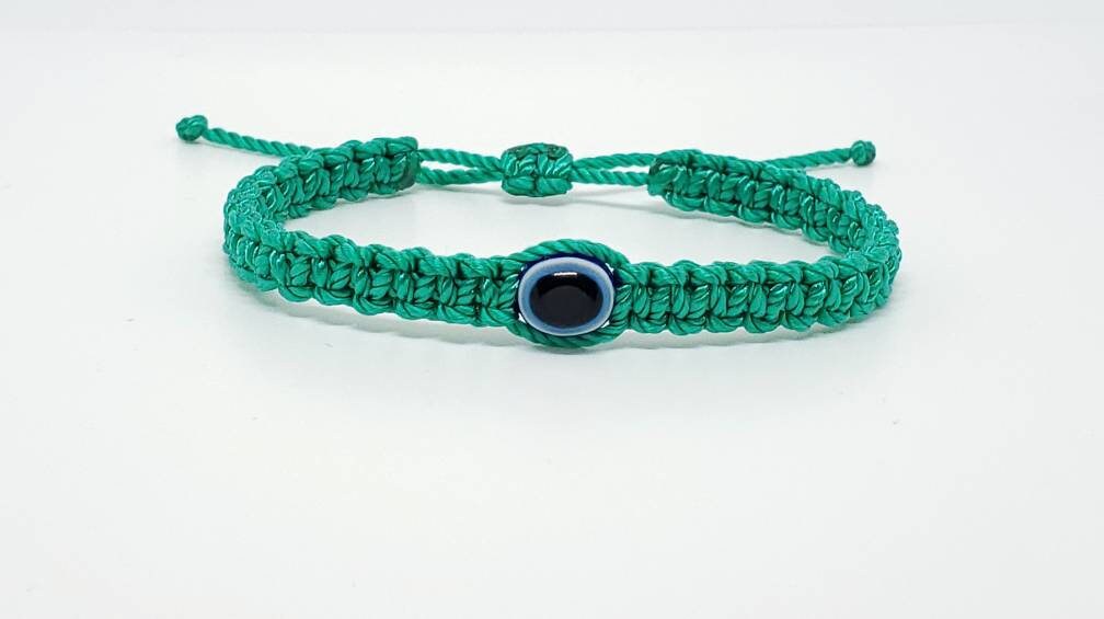 Evil eye amulet, aqua green good luck bracelet, good luck braided wristband, evil eye protection, good luck charm adjustable for man & woman