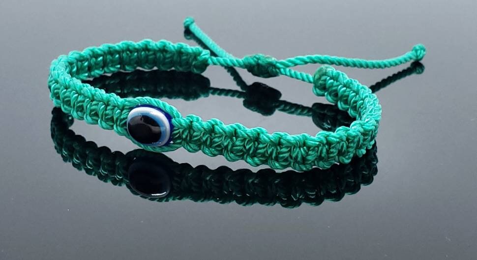 Evil eye amulet, aqua green good luck bracelet, good luck braided wristband, evil eye protection, good luck charm adjustable for man & woman