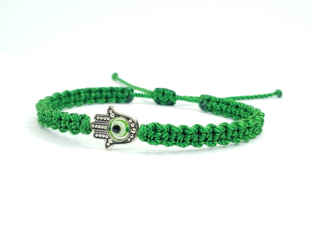 Hamsa Hand money bracelet with an evil eye for protection & good luck braided green string money wristband with a silver color hamsa hand