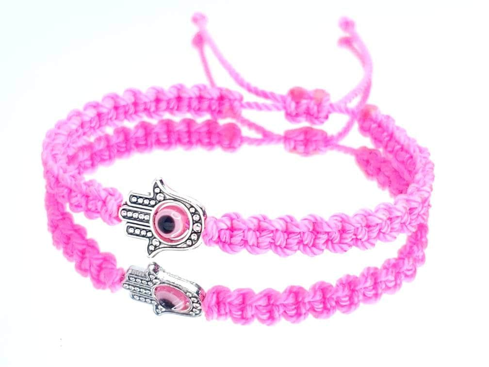 Hamsa Hand neon pink bracelet with an evil eye for protection & good luck braided neon pink string wristband with a silver color hamsa hand