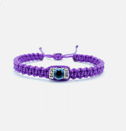 evil eye bracelet, evil eye protection, evil eye amulet, purple string braided bracelet, brand new, adjustable