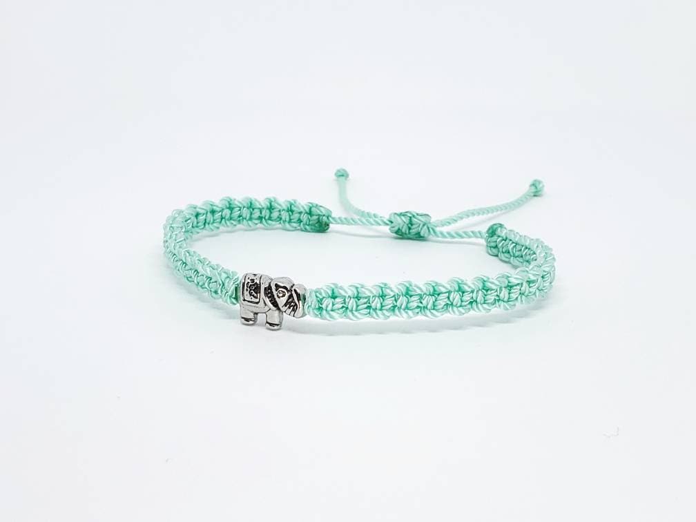 Elephant bracelet, mint string bracelet with an elephant charm for good luck, adjustable, mint color bracelet for man and woman