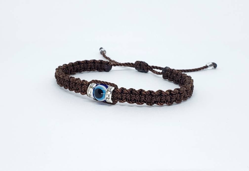 Evil eye bracelet, good luck wristband, brown string braided wristband, evil eye protection, good luck charm, adjustable for man & woman