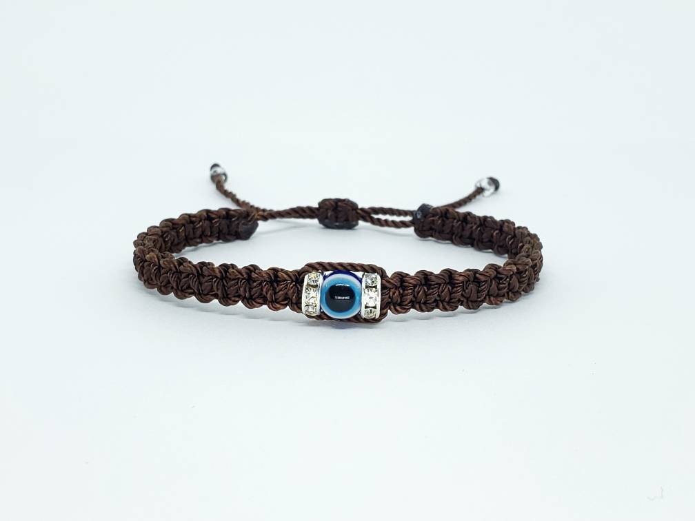 Evil eye bracelet, good luck wristband, brown string braided wristband, evil eye protection, good luck charm, adjustable for man & woman