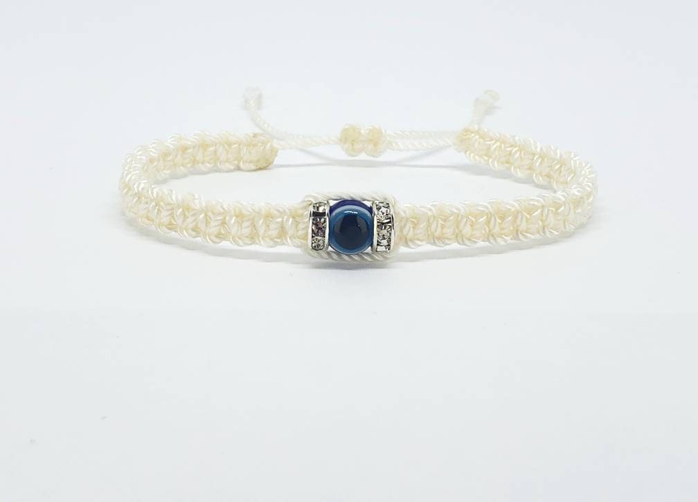 evil eye bracelet, evil eye protection amulet, ivory braided bracelet, Beautiful ivory color string, brand new, adjustable for man & woman