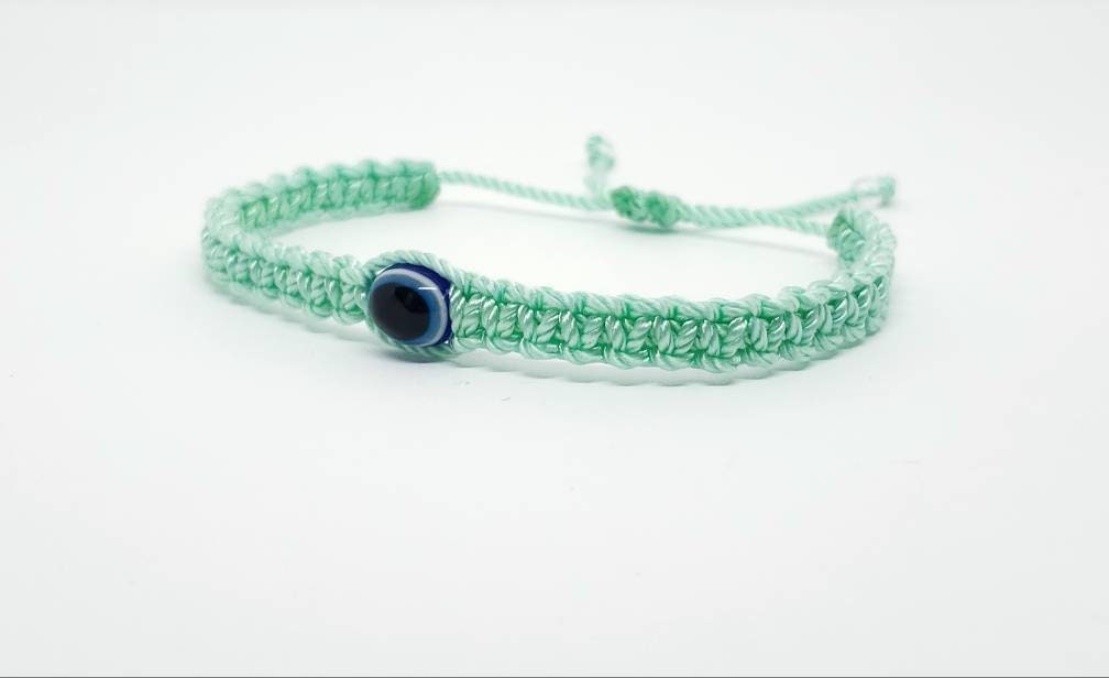 Evil eye amulet bracelet, good luck mint green string wristband, evil eye protection, good luck charm, adjustable, for man and women, new