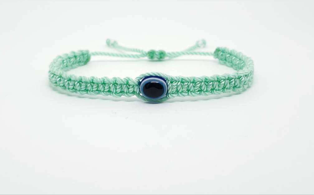 Evil eye amulet bracelet, good luck mint green string wristband, evil eye protection, good luck charm, adjustable, for man and women, new