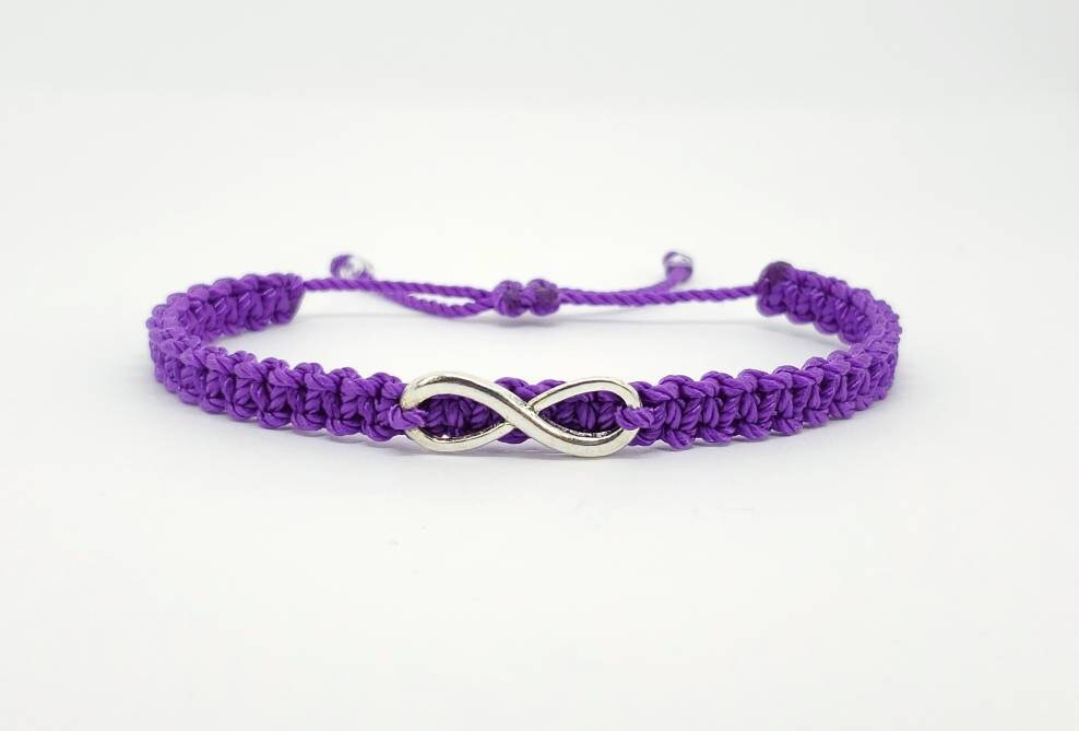 Beautiful infinity purple string bracelet, braided purple infinity adjustable wristband for man and woman