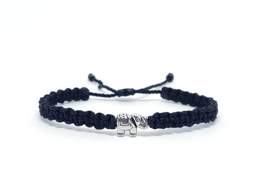 Elephant bracelet, black string bracelet with an elephant charm for good luck, adjustable, for man and woman