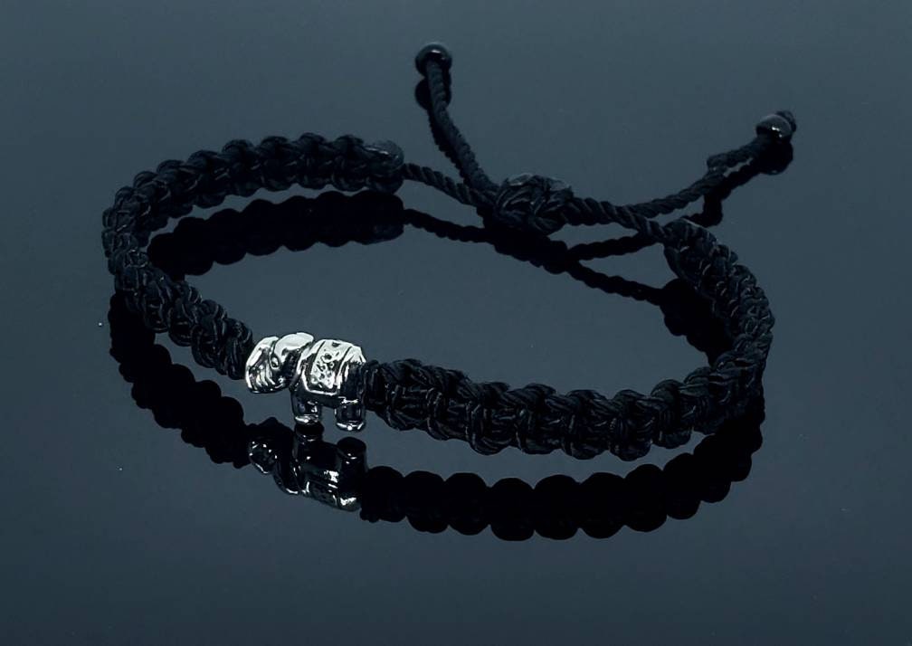 Elephant bracelet, black string bracelet with an elephant charm for good luck, adjustable, for man and woman