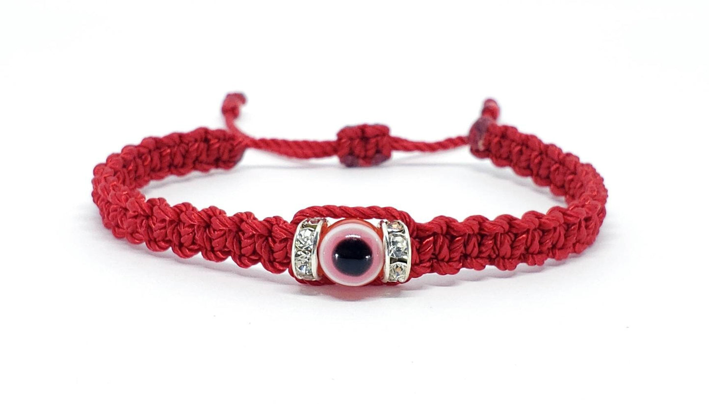 red string good luck bracelet with an evil eye charm, braided red string wristband, evil eye protection braided bracelet, unisex, adjustable