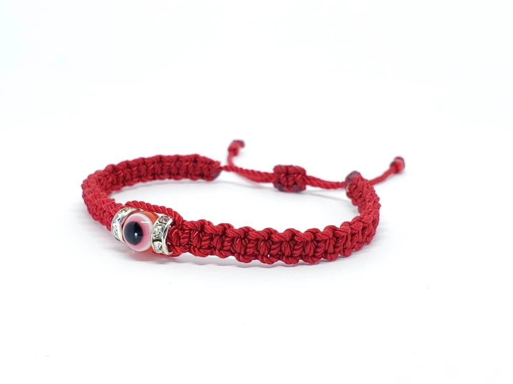 red string good luck bracelet with an evil eye charm, braided red string wristband, evil eye protection braided bracelet, unisex, adjustable