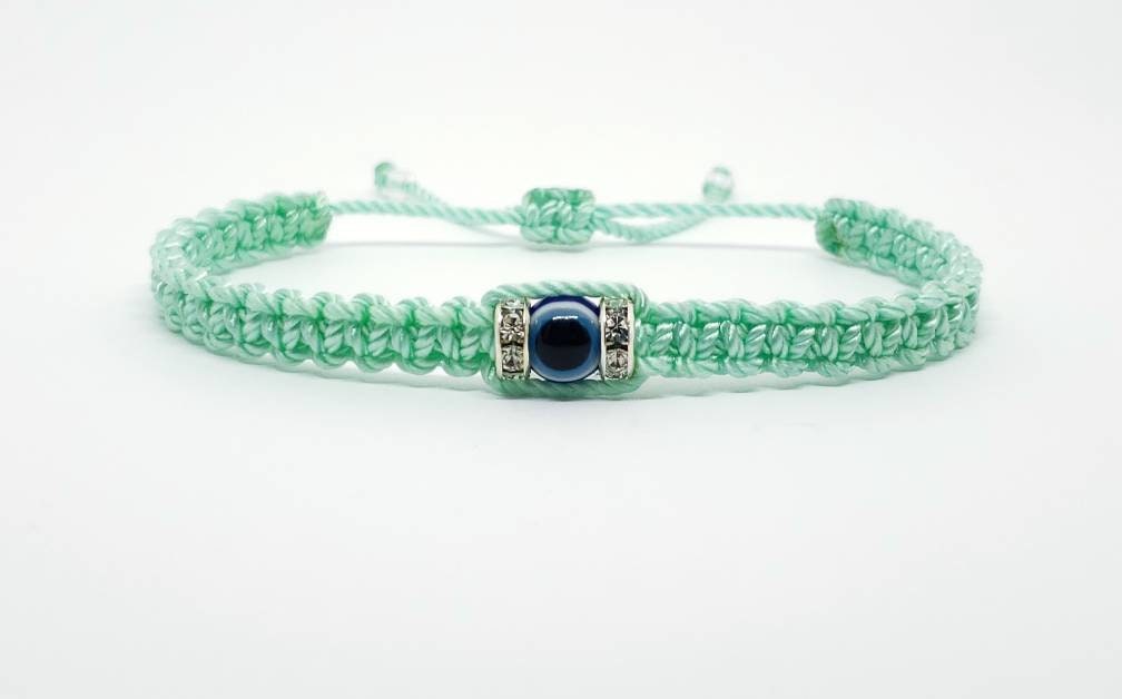 Evil eye amulet bracelet, good luck mint green string wristband, evil eye protection, good luck charm, adjustable, new, for man and women