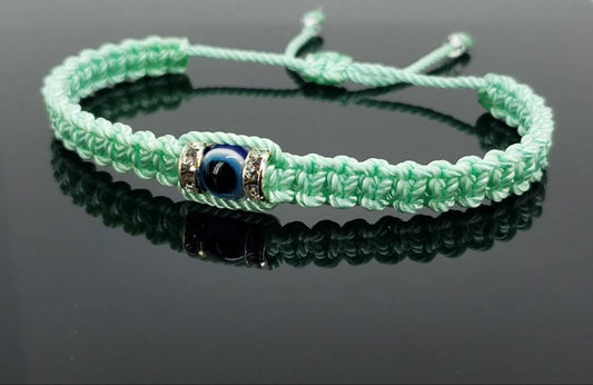 Evil eye amulet bracelet, good luck mint green string wristband, evil eye protection, good luck charm, adjustable, new, for man and women