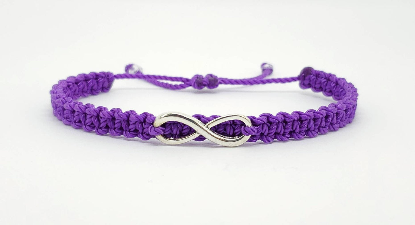 Beautiful infinity purple string bracelet, braided purple infinity adjustable wristband for man and woman