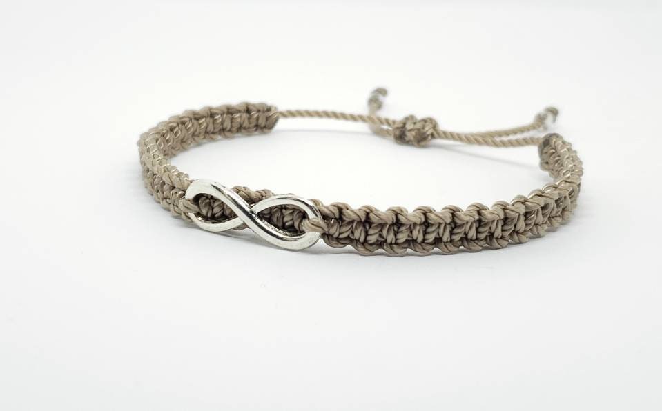 Beautiful infinity beige string bracelet, braided beige color infinity adjustable wristband for man and woman