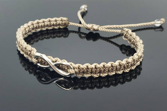 Beautiful infinity beige string bracelet, braided beige color infinity adjustable wristband for man and woman