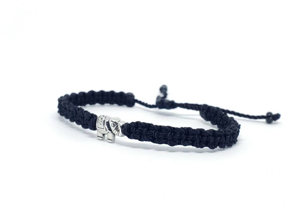 Elephant bracelet, black string bracelet with an elephant charm for good luck, adjustable, for man and woman