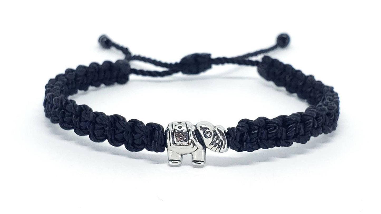 Elephant bracelet, black string bracelet with an elephant charm for good luck, adjustable, for man and woman