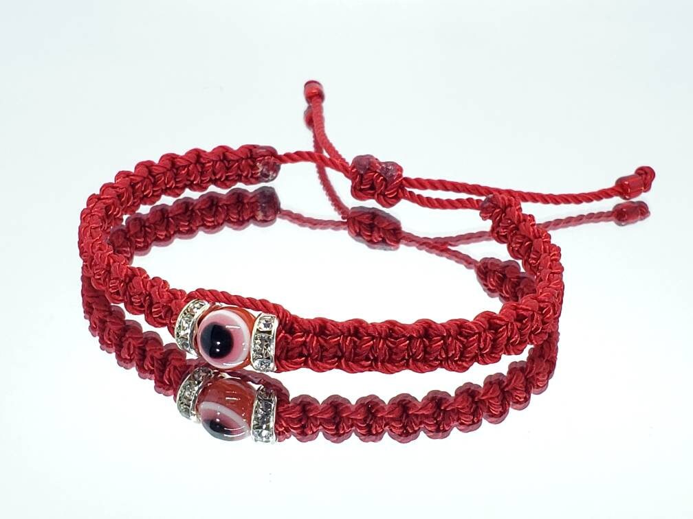 red string good luck bracelet with an evil eye charm, braided red string wristband, evil eye protection braided bracelet, unisex, adjustable