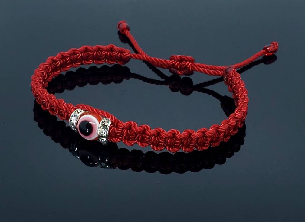 red string good luck bracelet with an evil eye charm, braided red string wristband, evil eye protection braided bracelet, unisex, adjustable