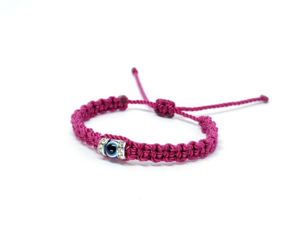 Kids size Evil eye amulet, good luck braided bracelet, good luck Fuchsia string wristband for kids, evil eye protection, good luck charm