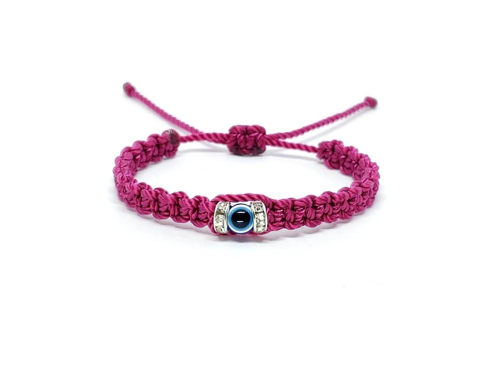 Kids size Evil eye amulet, good luck braided bracelet, good luck Fuchsia string wristband for kids, evil eye protection, good luck charm