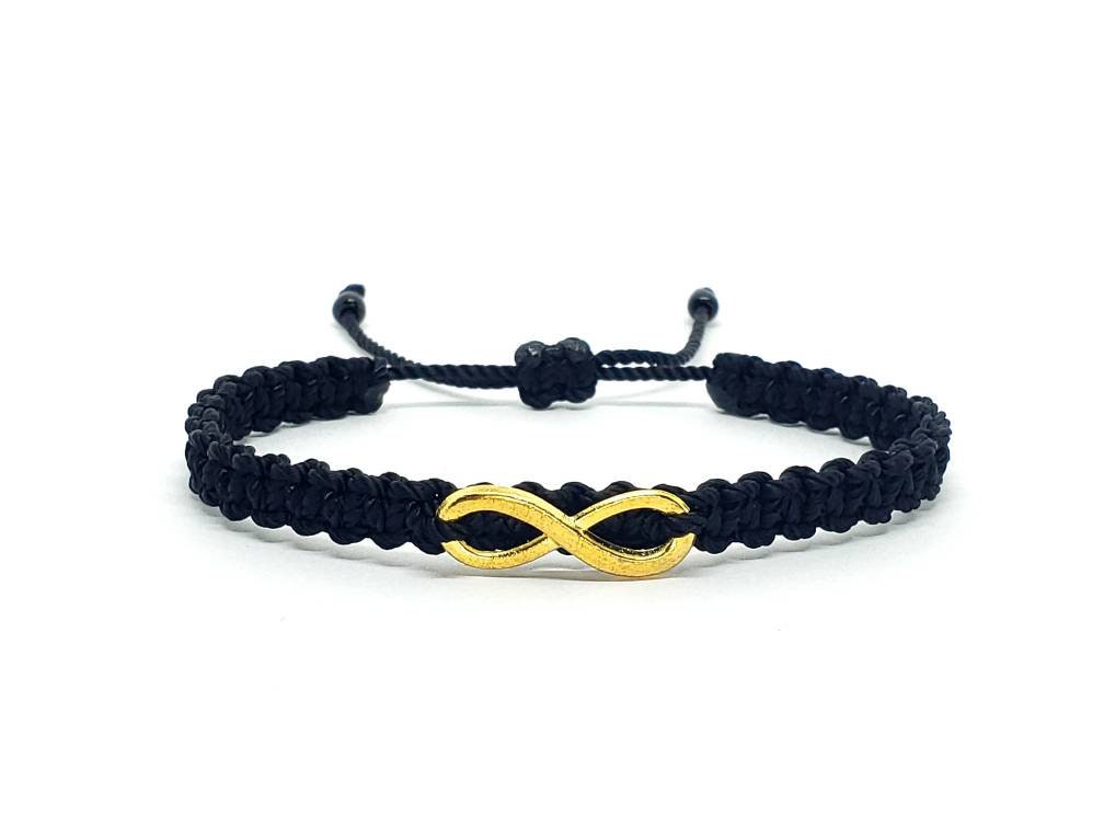 infinity bracelet, braided black string wristband, gold tone infinity charm braided bracelet adjustable for man & woman