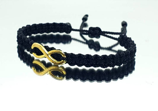 infinity bracelet, braided black string wristband, gold tone infinity charm braided bracelet adjustable for man & woman